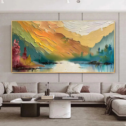 Autumn Valley hand-painted ocean blue, ivory and soft neutral tones textured coastal landscape painting shown as stretched canvas
