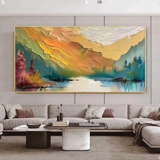 Autumn Valley hand-painted ocean blue, ivory and soft neutral tones textured coastal landscape painting shown as stretched canvas