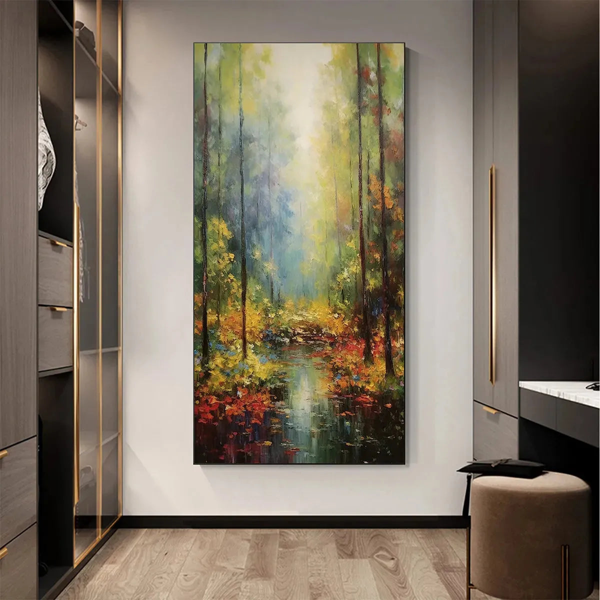 Autumn Woodland Stream hand-painted burnt orange, golden yellow and crimson textured forest landscape painting shown as stretched canvas