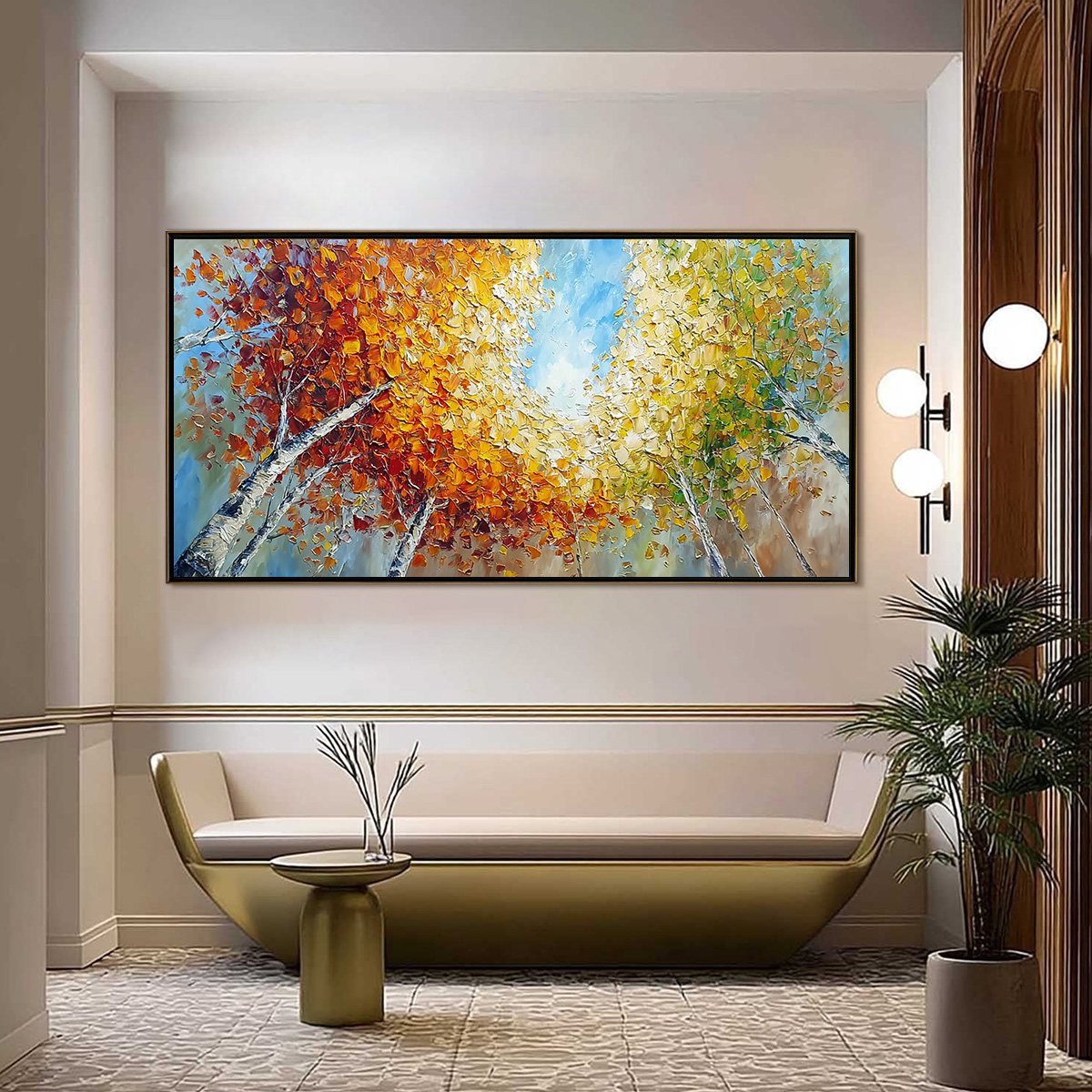 Autumn's Gaze hand-painted ocean blue and ivory textured forest landscape painting shown as stretched canvas