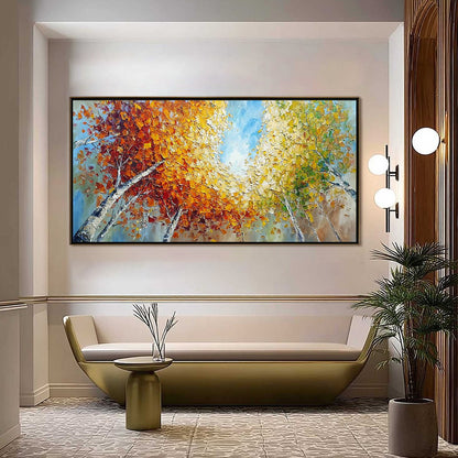 Autumn's Gaze hand-painted ocean blue and ivory textured forest landscape painting shown as stretched canvas