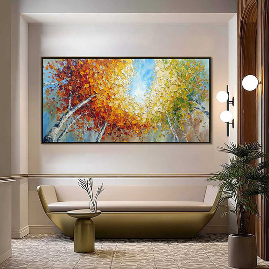 Autumn's Gaze hand-painted ocean blue and ivory textured forest landscape painting shown as stretched canvas