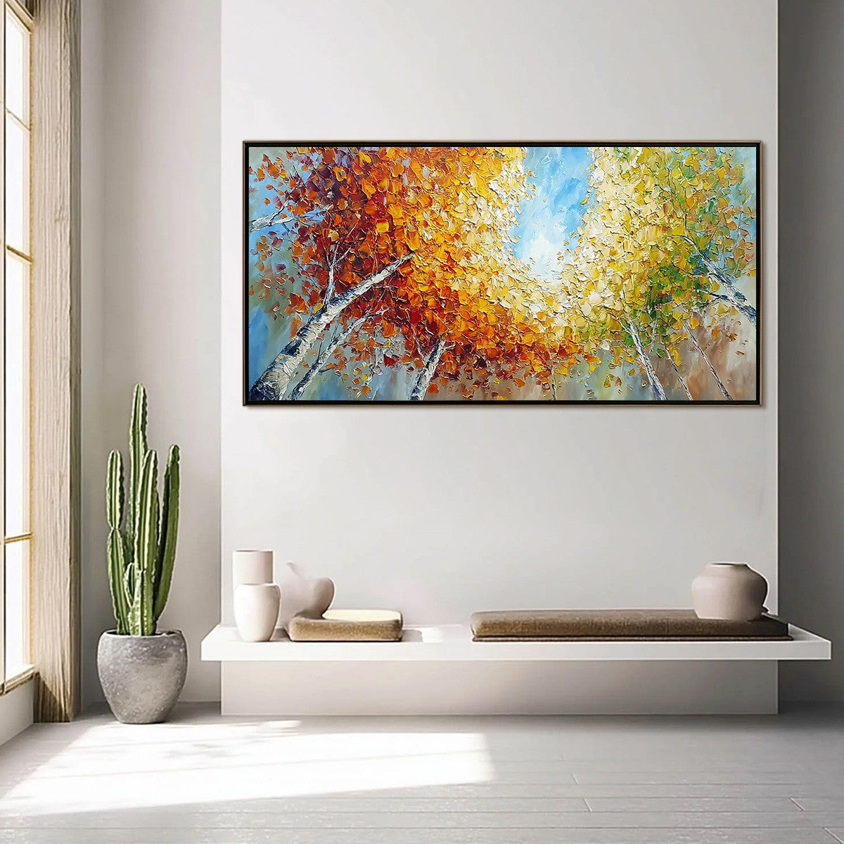 Autumn's Gaze hand-painted ocean blue and ivory textured forest landscape painting shown with silver frame