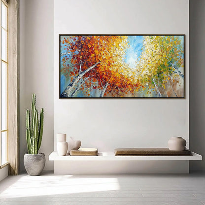 Autumn's Gaze hand-painted ocean blue and ivory textured forest landscape painting shown with silver frame