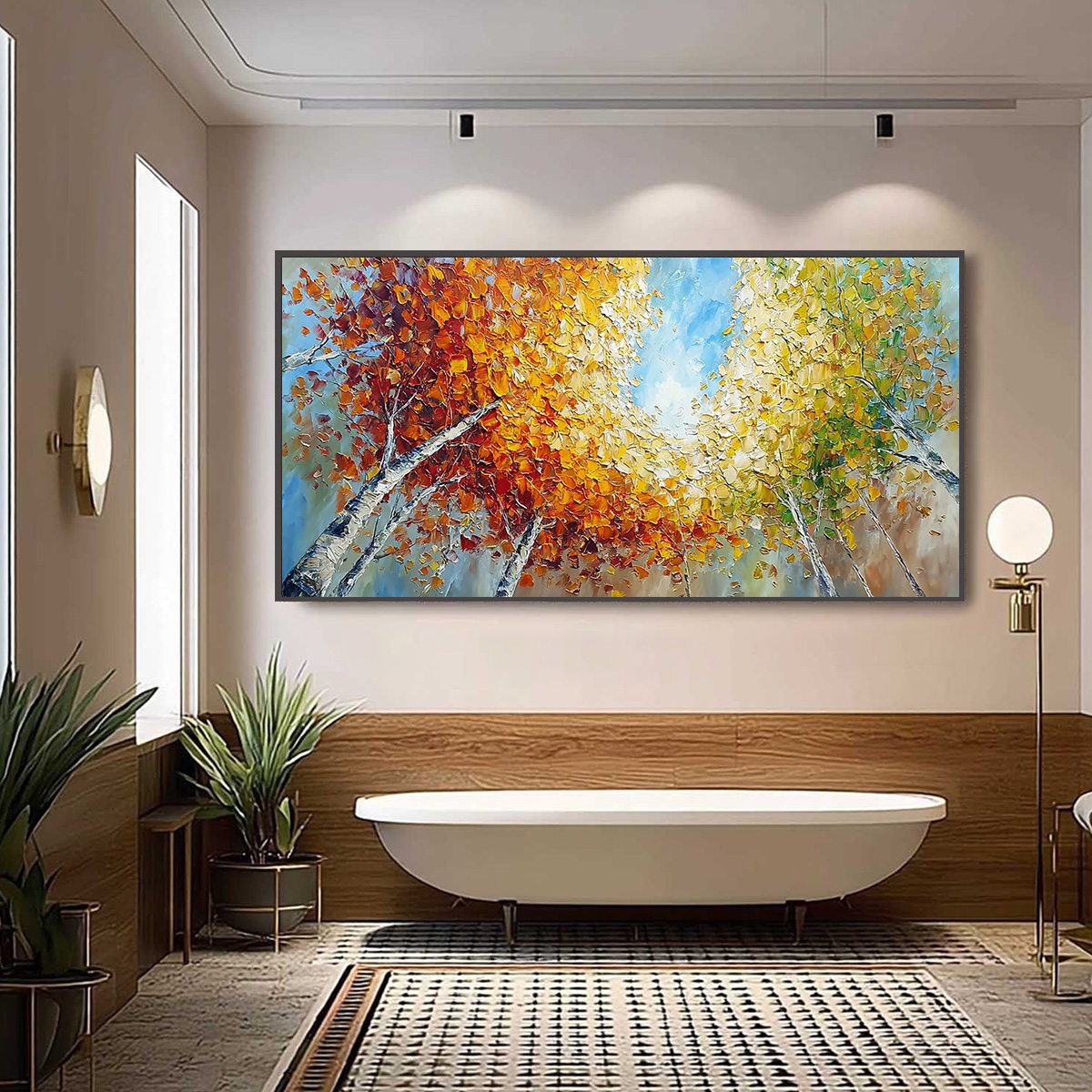 Autumn's Gaze hand-painted ocean blue and ivory textured forest landscape painting shown with black frame