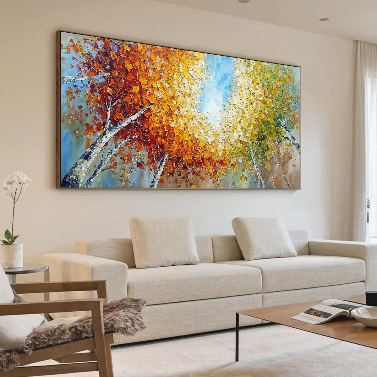 Autumn's Gaze hand-painted ocean blue and ivory textured forest landscape painting shown with wood frame