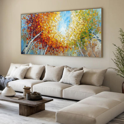 Autumn's Gaze hand-painted ocean blue and ivory textured forest landscape painting rolled canvas option