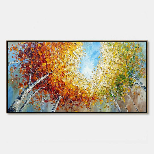 Autumn's Gaze hand-painted ocean blue and ivory textured forest landscape painting rolled canvas option