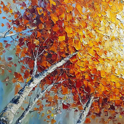 Autumn's Gaze hand-painted ocean blue and ivory textured forest landscape painting shown with gold frame