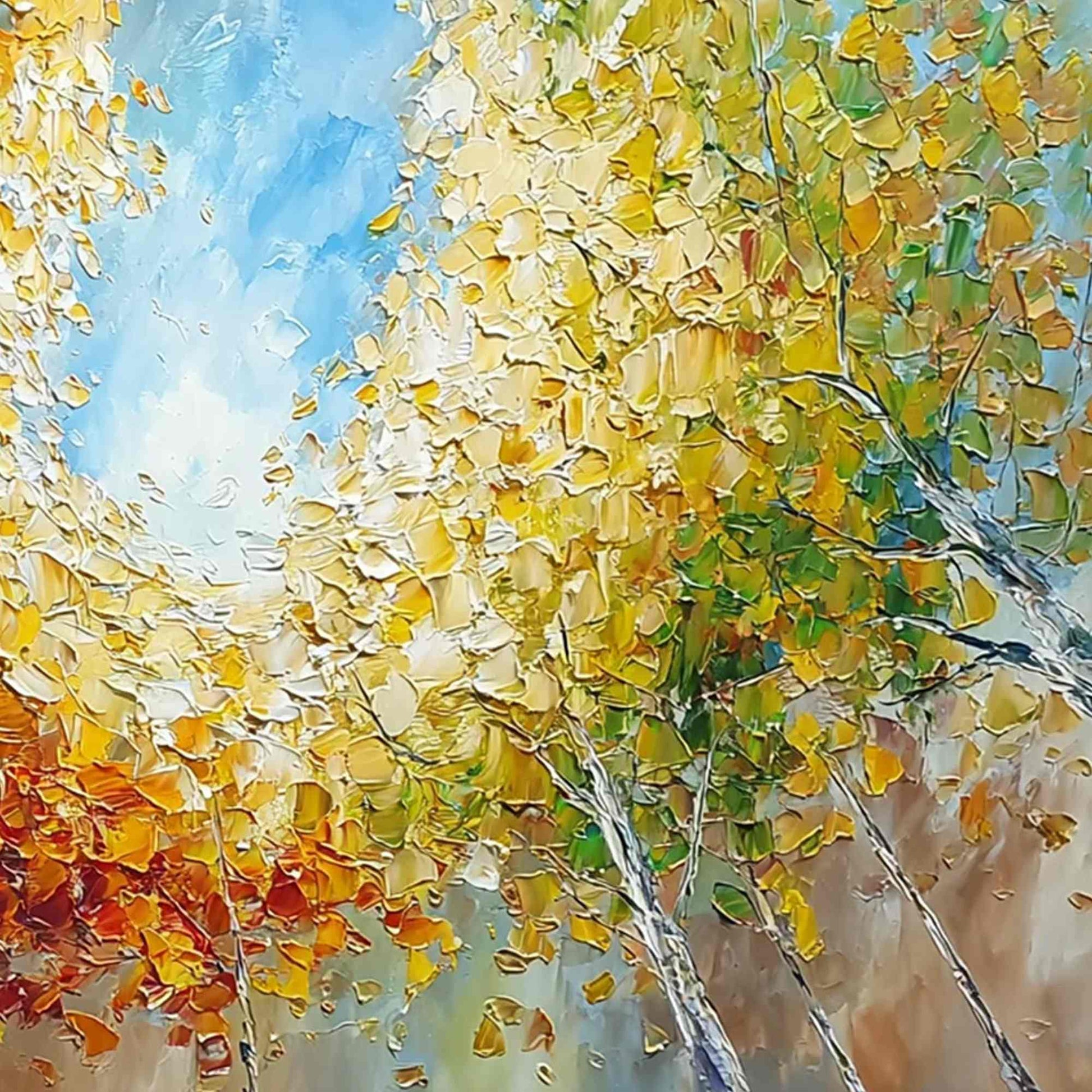 Autumn's Gaze hand-painted ocean blue and ivory textured forest landscape painting shown with white frame