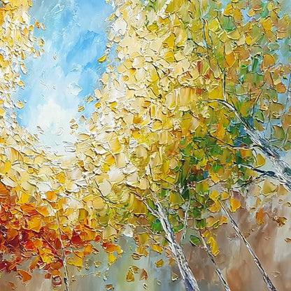 Autumn's Gaze hand-painted ocean blue and ivory textured forest landscape painting shown with white frame