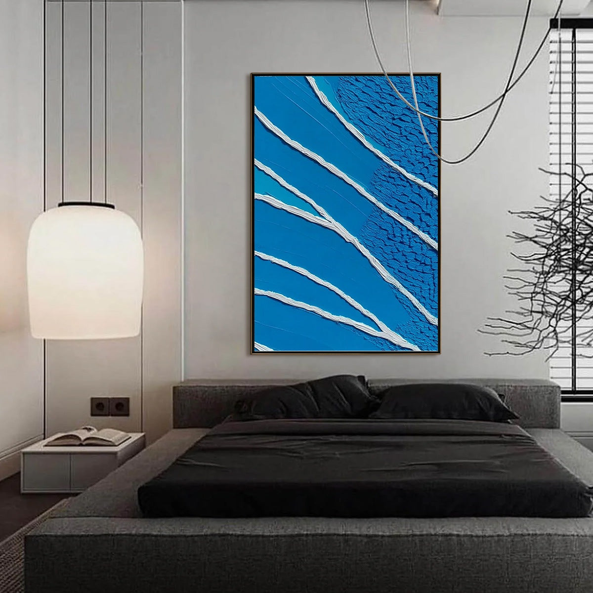 Azure Current hand-painted white, azure blue and ocean blue textured coastal abstract painting shown with silver frame
