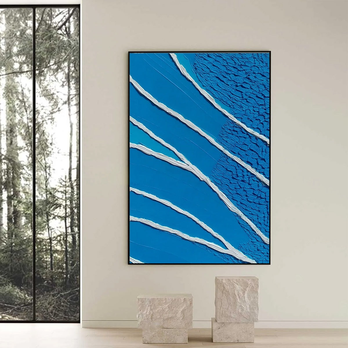 Azure Current hand-painted white, azure blue and ocean blue textured coastal abstract painting shown with black frame