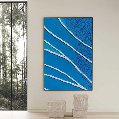 Azure Current hand-painted white, azure blue and ocean blue textured coastal abstract painting shown with black frame