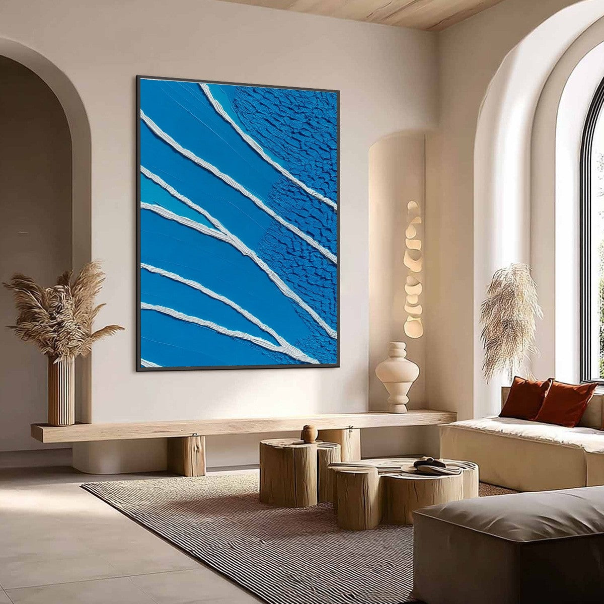 Azure Current hand-painted white, azure blue and ocean blue textured coastal abstract painting shown with wood frame