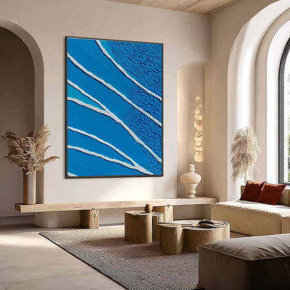 Azure Current hand-painted white, azure blue and ocean blue textured coastal abstract painting shown with wood frame