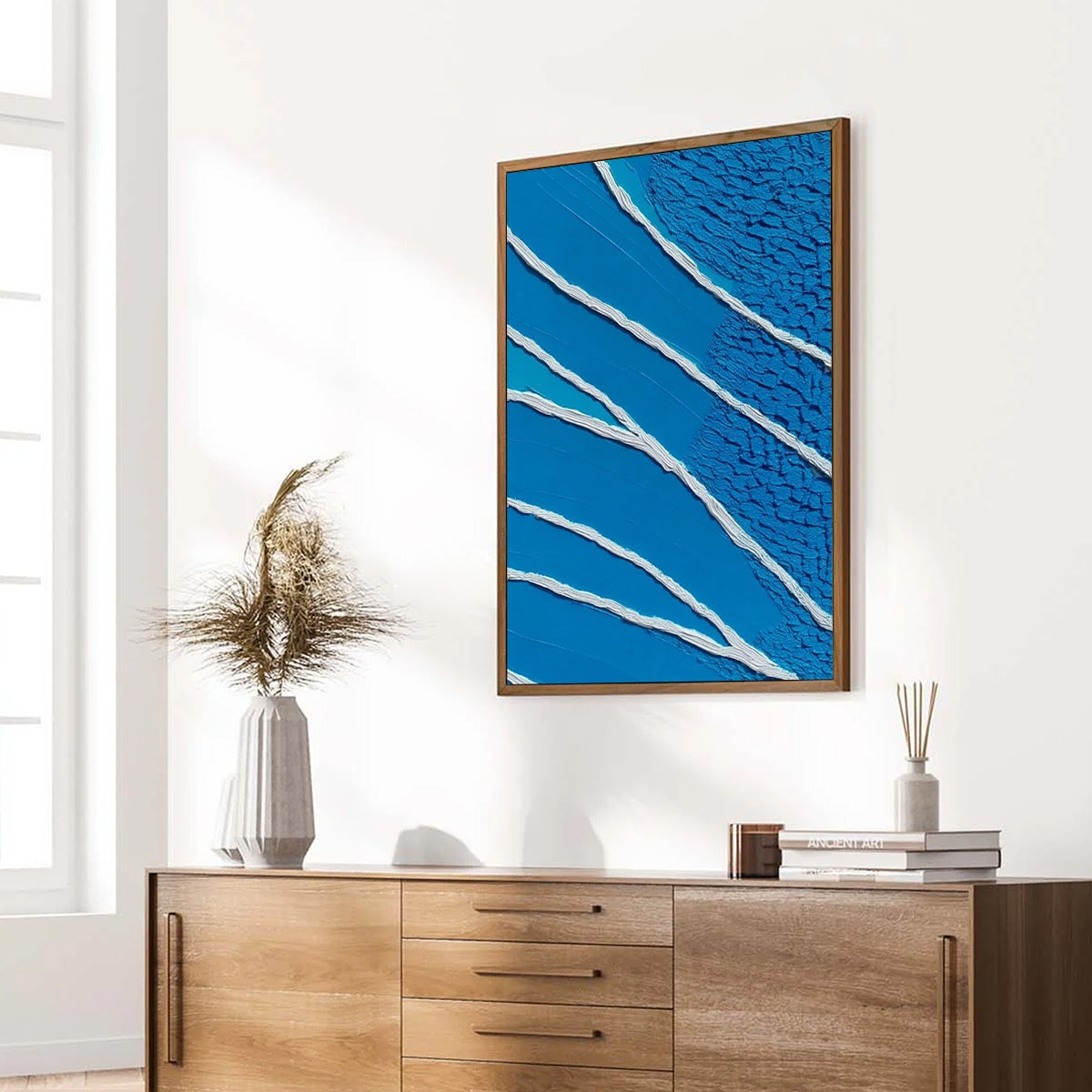 Azure Current hand-painted white, azure blue and ocean blue textured coastal abstract painting rolled canvas option