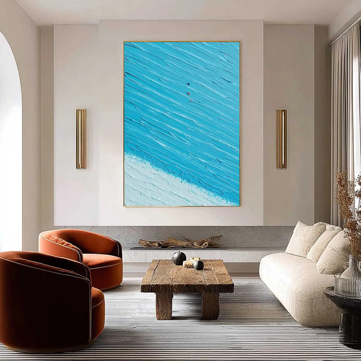 Azure Drift hand-painted white, sand, turquoise and azure blue textured beach scene painting shown as stretched canvas
