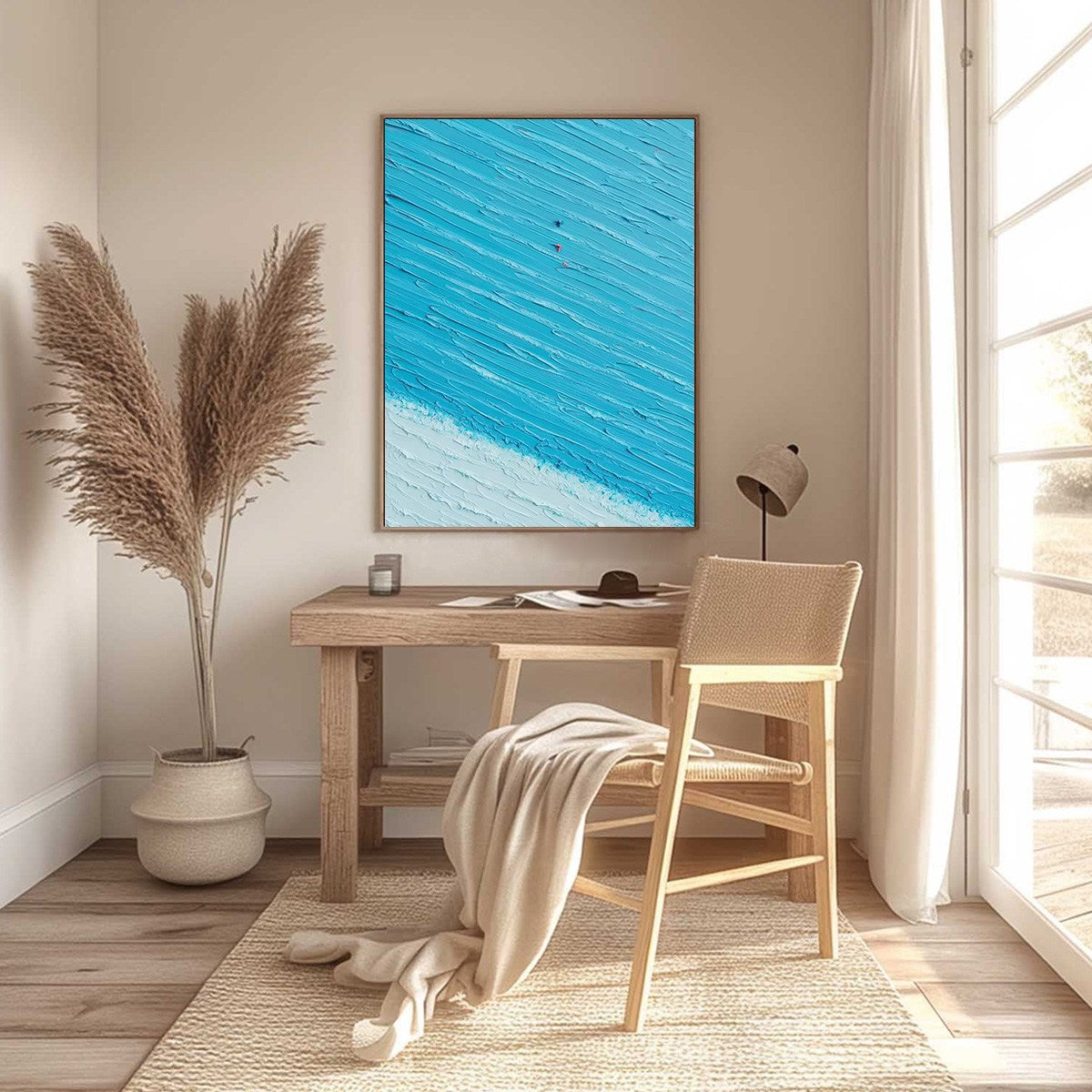 Azure Drift hand-painted white, sand, turquoise and azure blue textured beach scene painting shown with silver frame
