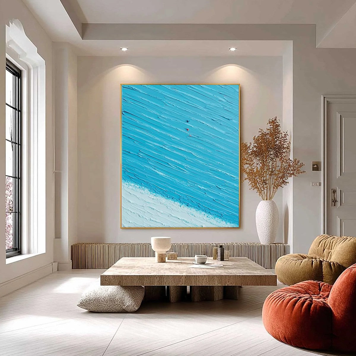 Azure Drift hand-painted white, sand, turquoise and azure blue textured beach scene painting shown with black frame