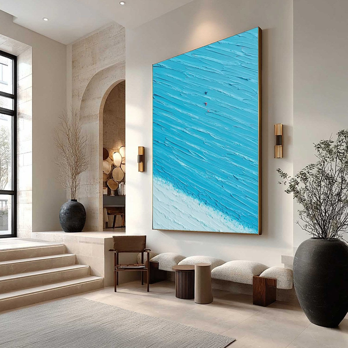 Azure Drift hand-painted white, sand, turquoise and azure blue textured beach scene painting shown with wood frame