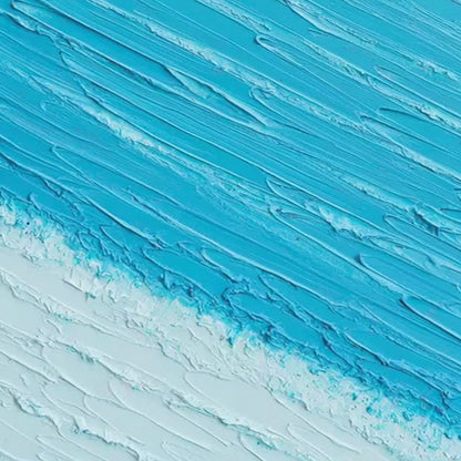 Azure Drift hand-painted white, sand, turquoise and azure blue textured beach scene painting shown with white frame