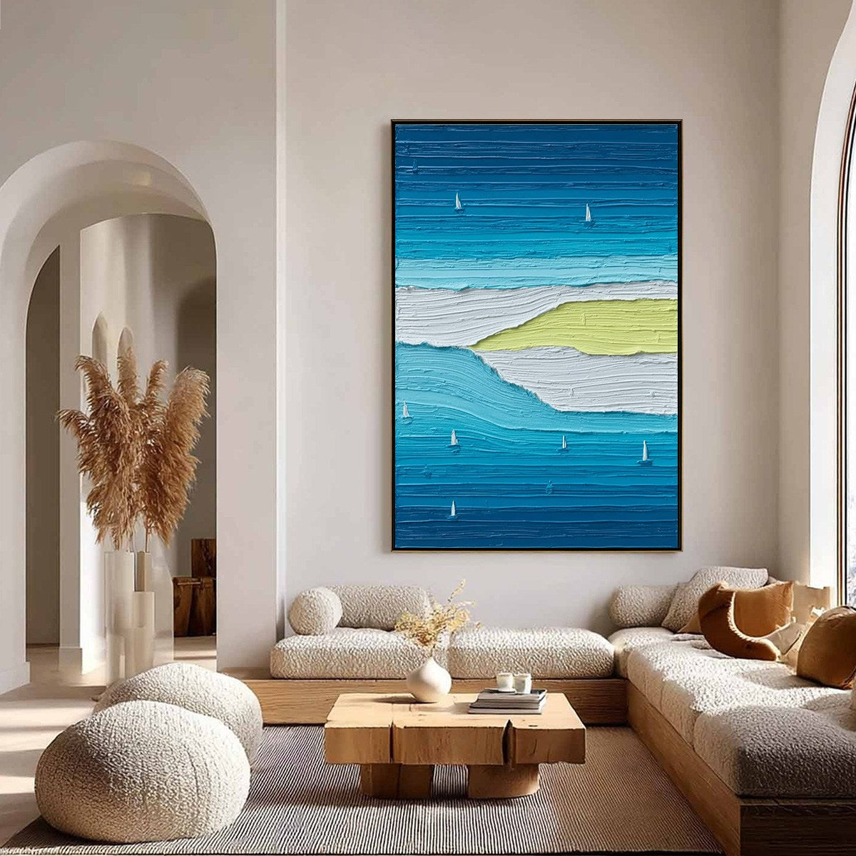 Azure Horizon hand-painted white, azure blue, ocean blue and yellow textured sailboat seascape painting shown with silver frame
