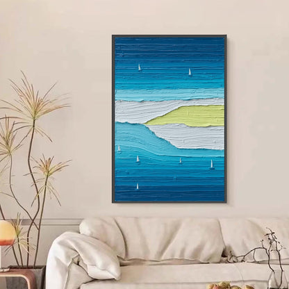 Azure Horizon hand-painted white, azure blue, ocean blue and yellow textured sailboat seascape painting shown with black frame