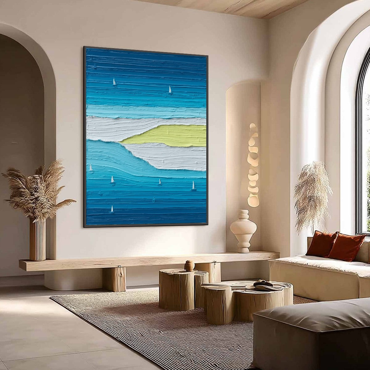 Azure Horizon hand-painted white, azure blue, ocean blue and yellow textured sailboat seascape painting shown with wood frame