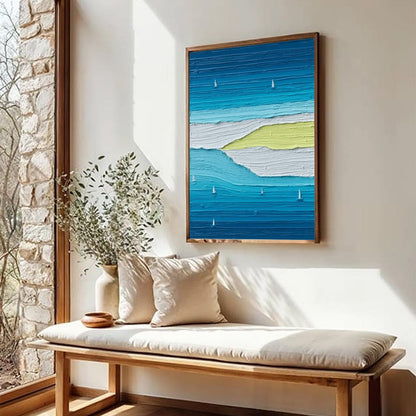 Azure Horizon hand-painted white, azure blue, ocean blue and yellow textured sailboat seascape painting rolled canvas option