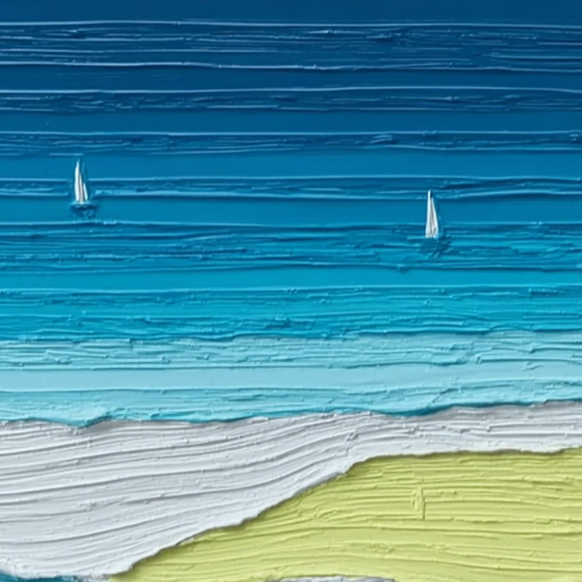 Azure Horizon hand-painted white, azure blue, ocean blue and yellow textured sailboat seascape painting shown with gold frame