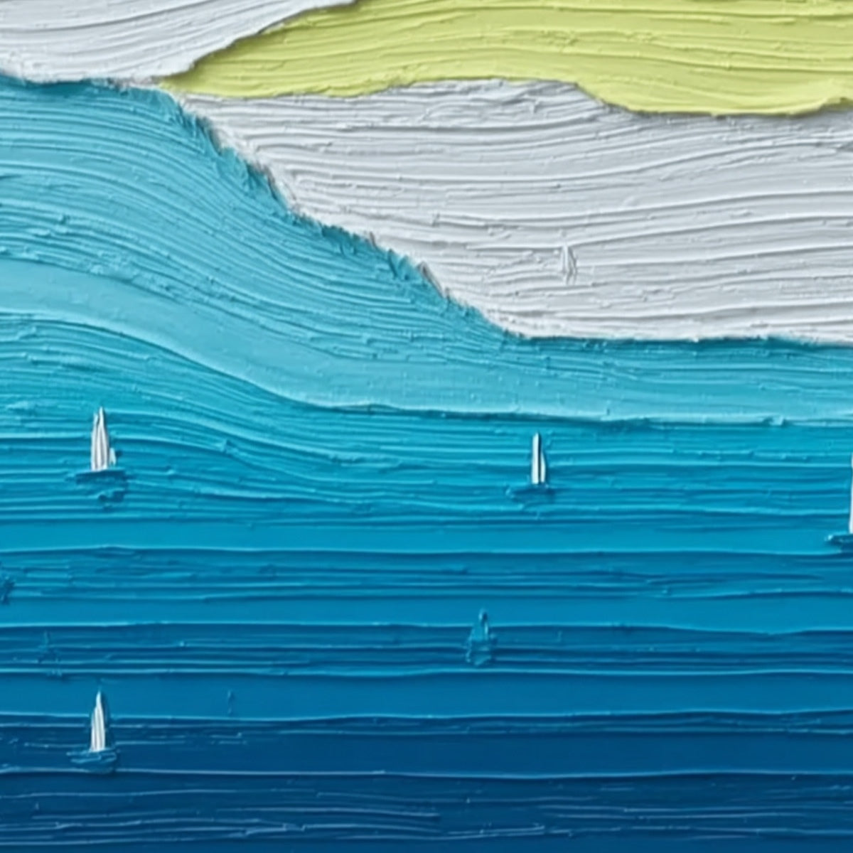Azure Horizon hand-painted white, azure blue, ocean blue and yellow textured sailboat seascape painting shown with white frame