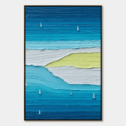 Azure Horizon hand-painted white, azure blue, ocean blue and yellow textured sailboat seascape painting rolled canvas option