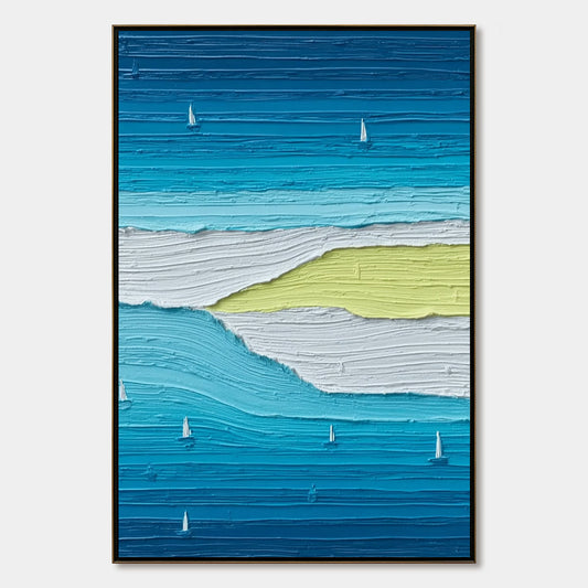 Azure Horizon hand-painted white, azure blue, ocean blue and yellow textured sailboat seascape painting rolled canvas option