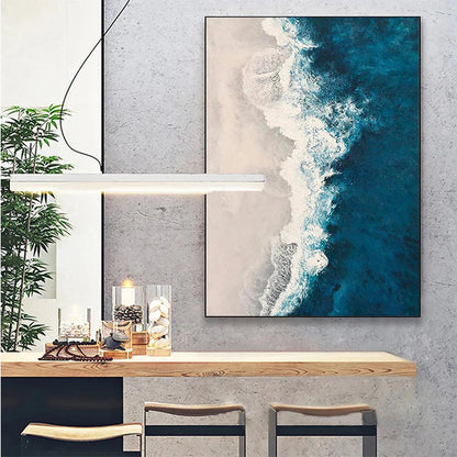 Azure Coast hand-painted beige, azure blue and ocean blue textured coastal abstract painting rolled canvas option