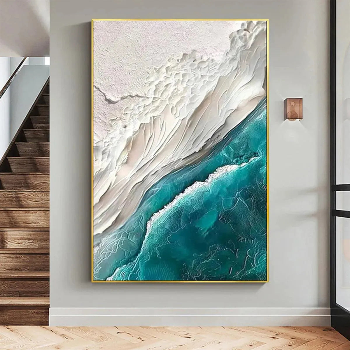 Azure Dream hand-painted white, teal and azure blue textured coastal landscape painting rolled canvas option