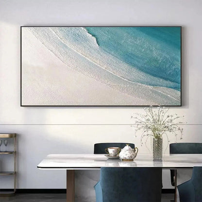 Azure Shores hand-painted white, azure blue and ocean blue textured coastal landscape painting rolled canvas option
