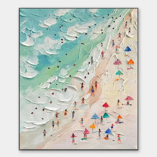Beach Day hand-painted ocean blue, ivory and soft neutral tones textured beach scene painting rolled canvas option