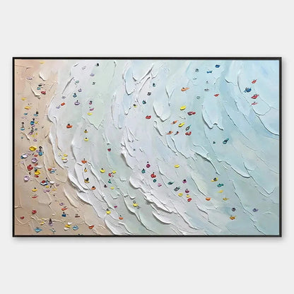 Beach Day hand-painted ocean blue, ivory and soft neutral tones textured beach scene painting rolled canvas option