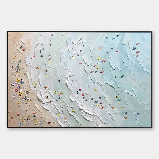 Beach Day hand-painted ocean blue, ivory and soft neutral tones textured beach scene painting rolled canvas option