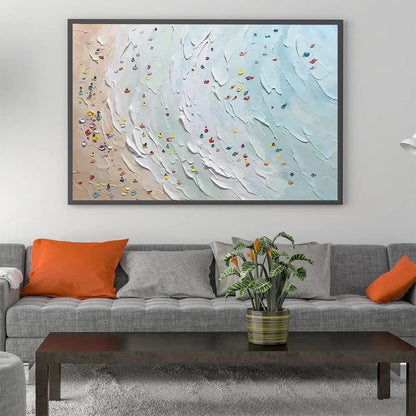 Beach Day hand-painted ocean blue, ivory and soft neutral tones textured beach scene painting shown as stretched canvas