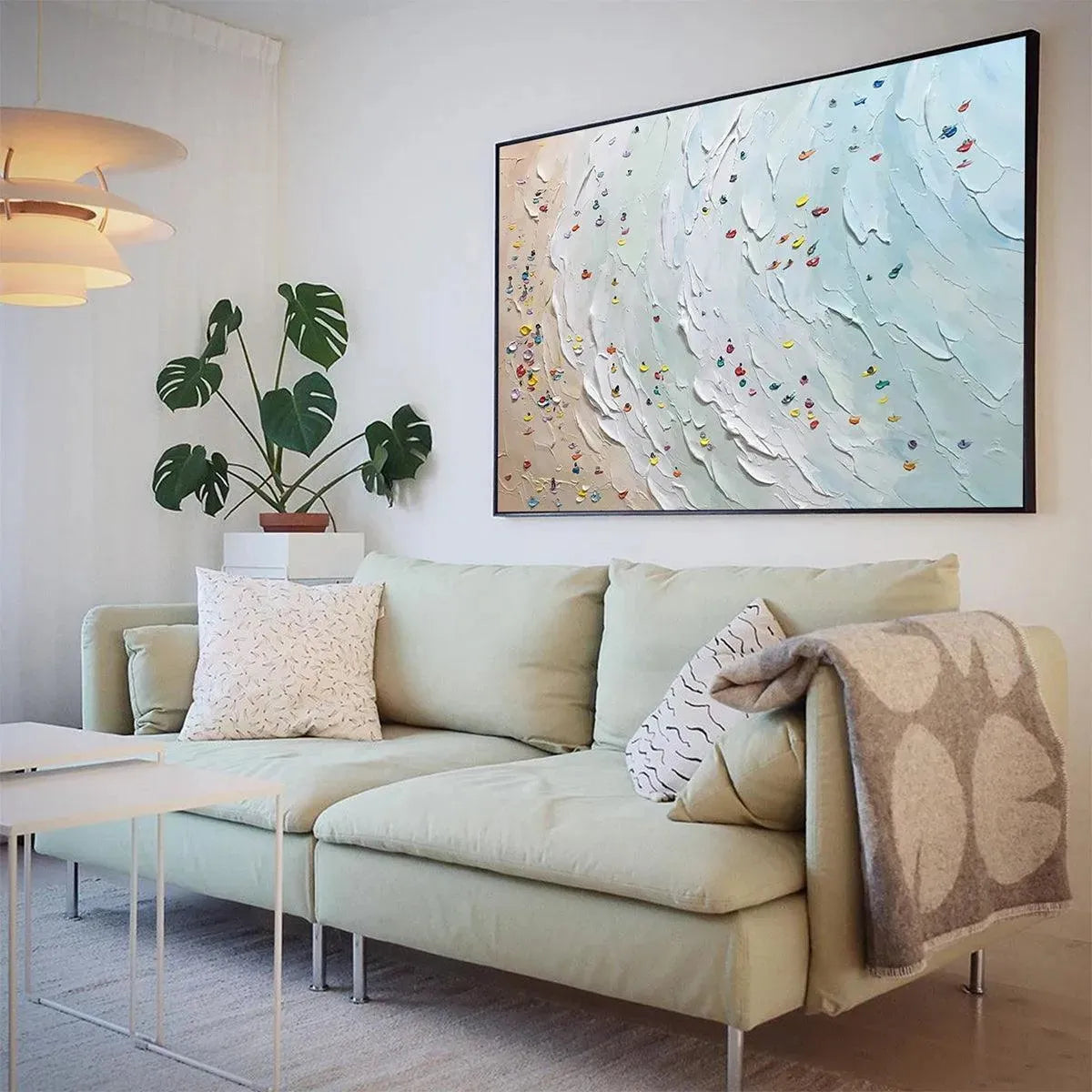 Beach Day hand-painted ocean blue, ivory and soft neutral tones textured beach scene painting shown with white frame