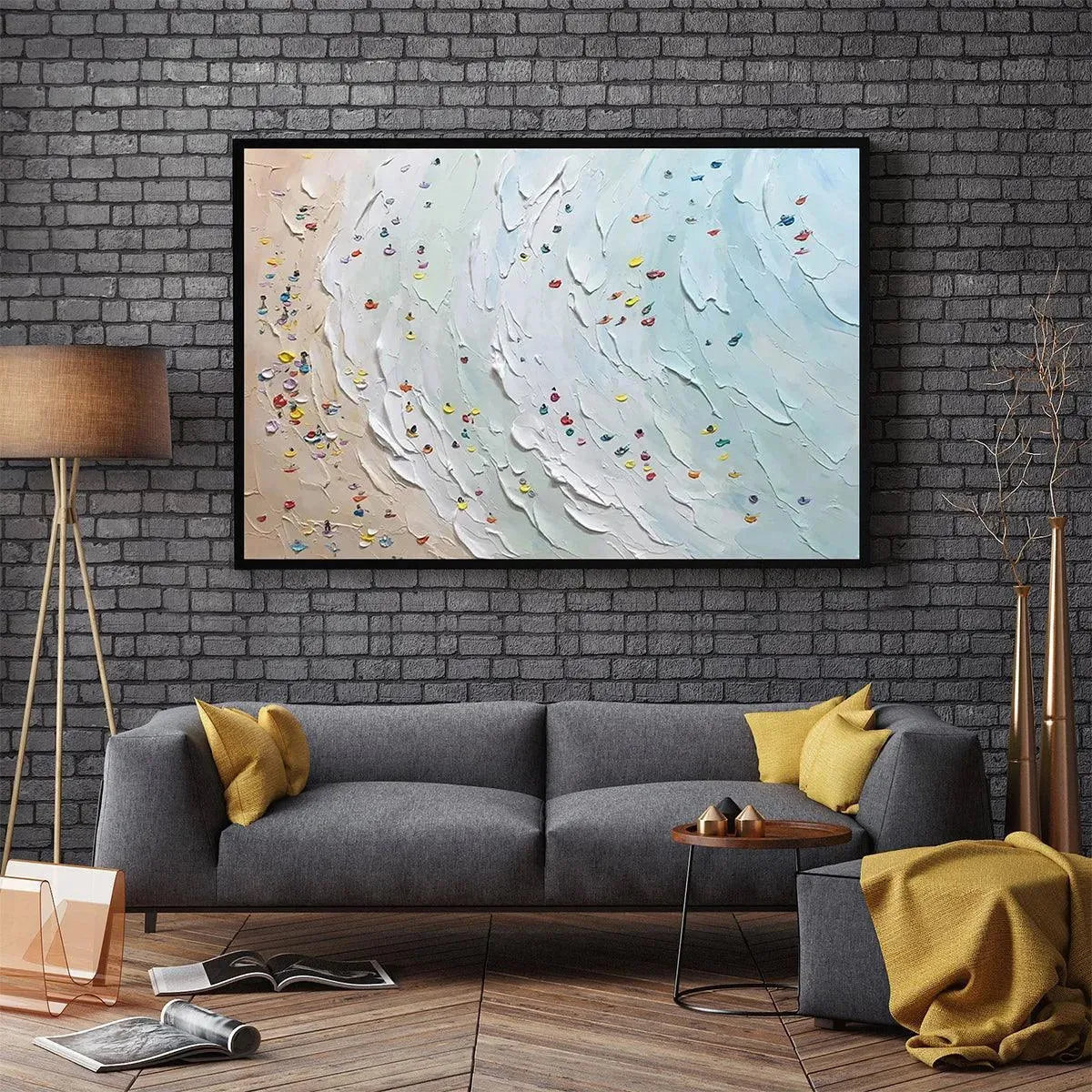 Beach Day hand-painted ocean blue, ivory and soft neutral tones textured beach scene painting shown with wood frame