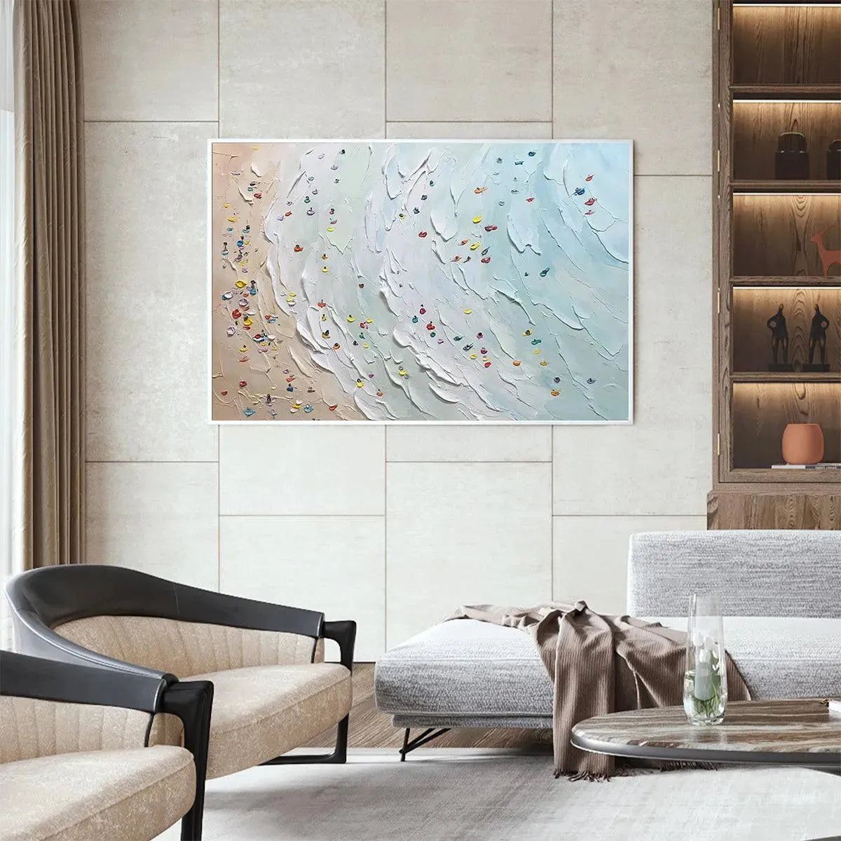 Beach Day hand-painted ocean blue, ivory and soft neutral tones textured beach scene painting rolled canvas option