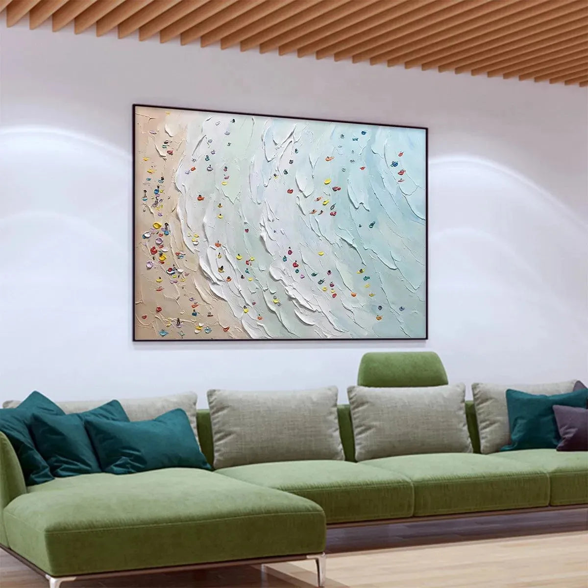 Beach Day hand-painted ocean blue, ivory and soft neutral tones textured beach scene painting shown as stretched canvas