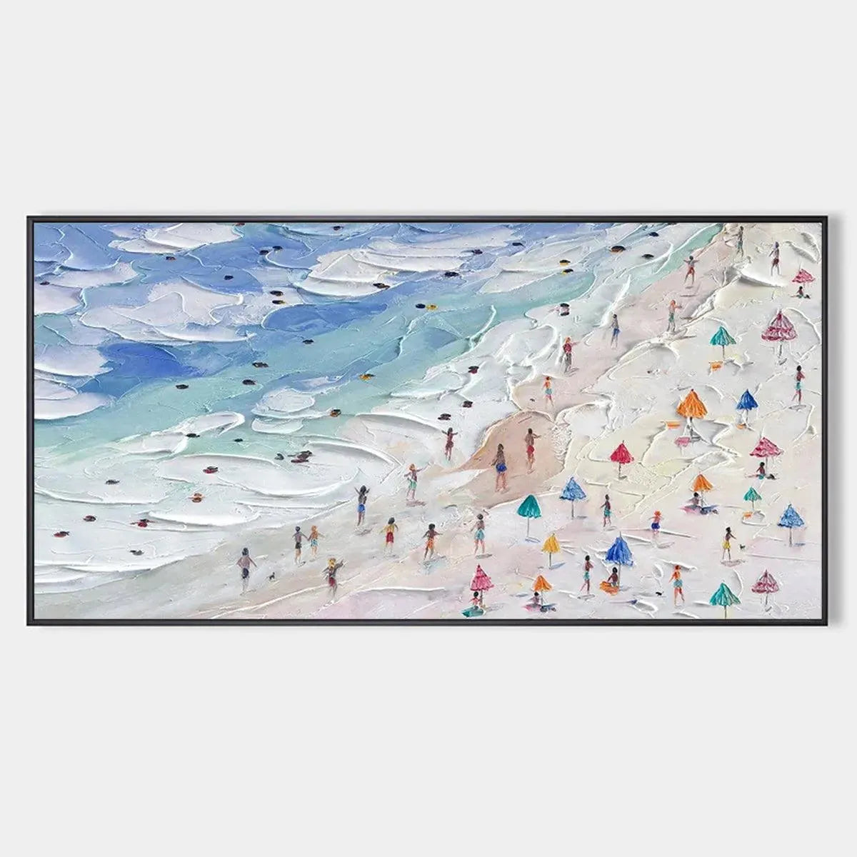 Beach Day Vibes hand-painted ocean blue, ivory and soft neutral tones textured beach scene painting rolled canvas option