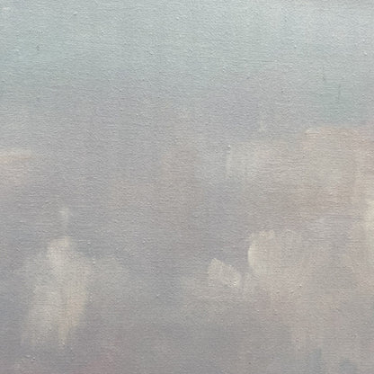 Beach Grass hand-painted ocean blue, ivory and soft neutral tones textured seascape painting shown with silver frame