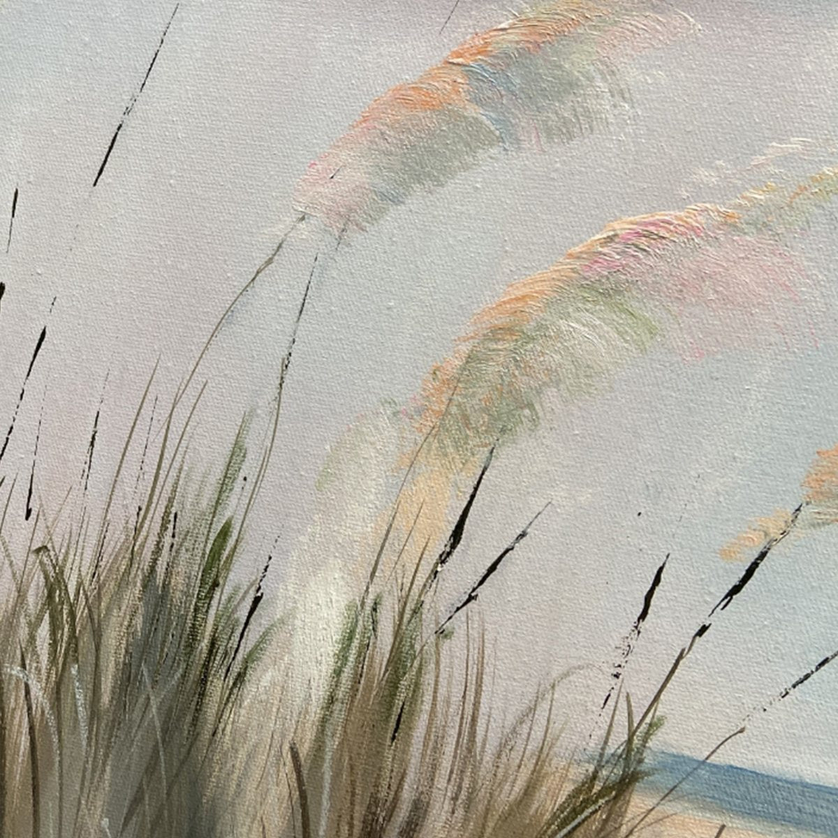 Beach Grass hand-painted ocean blue, ivory and soft neutral tones textured seascape painting shown with wood frame