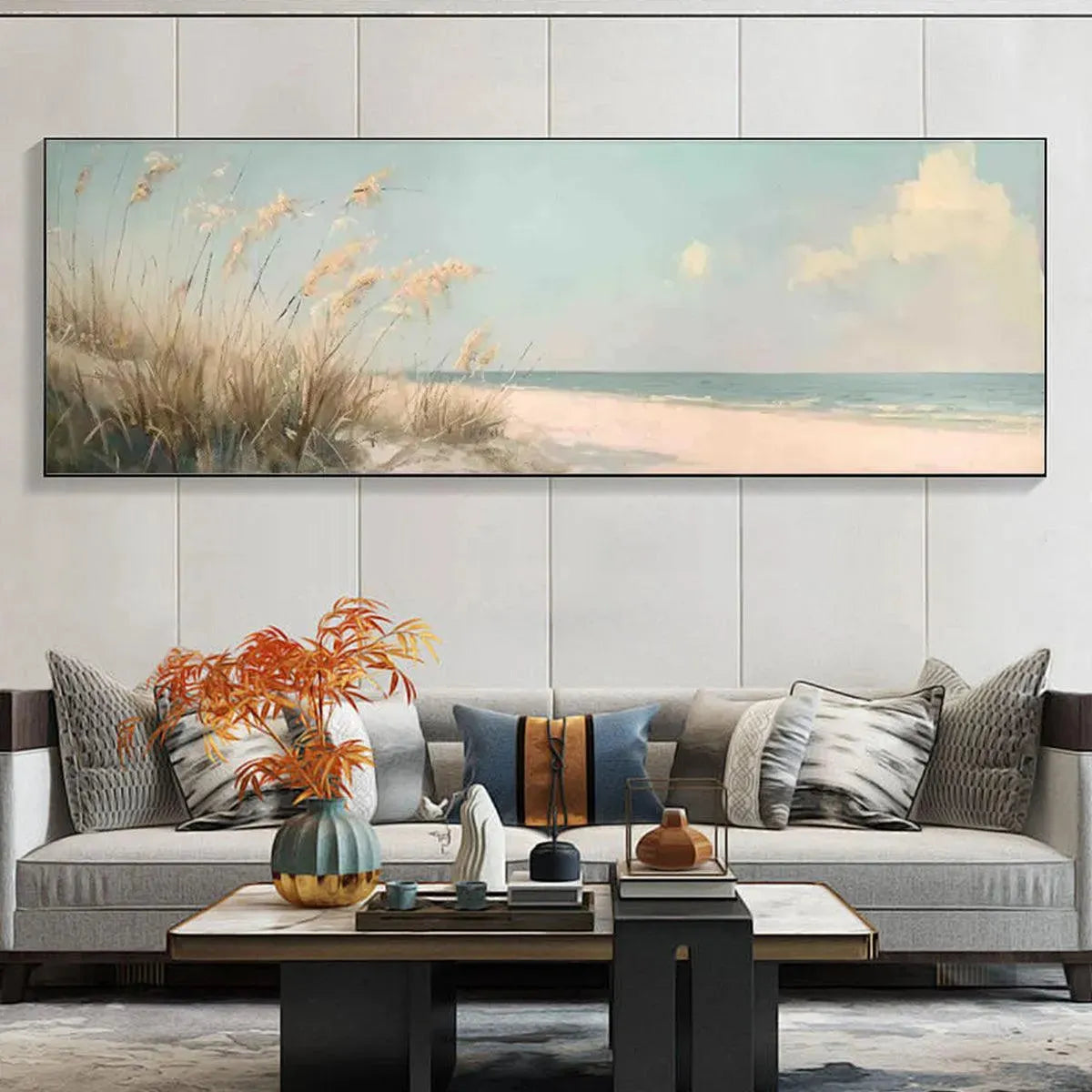 Beach Grass hand-painted ocean blue, ivory and soft neutral tones textured seascape painting shown as stretched canvas