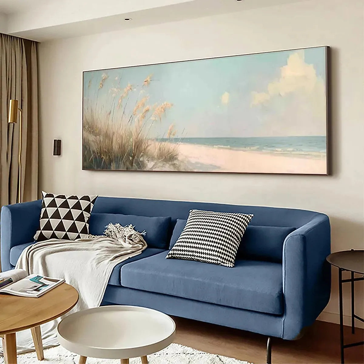 Beach Grass hand-painted ocean blue, ivory and soft neutral tones textured seascape painting shown with white frame